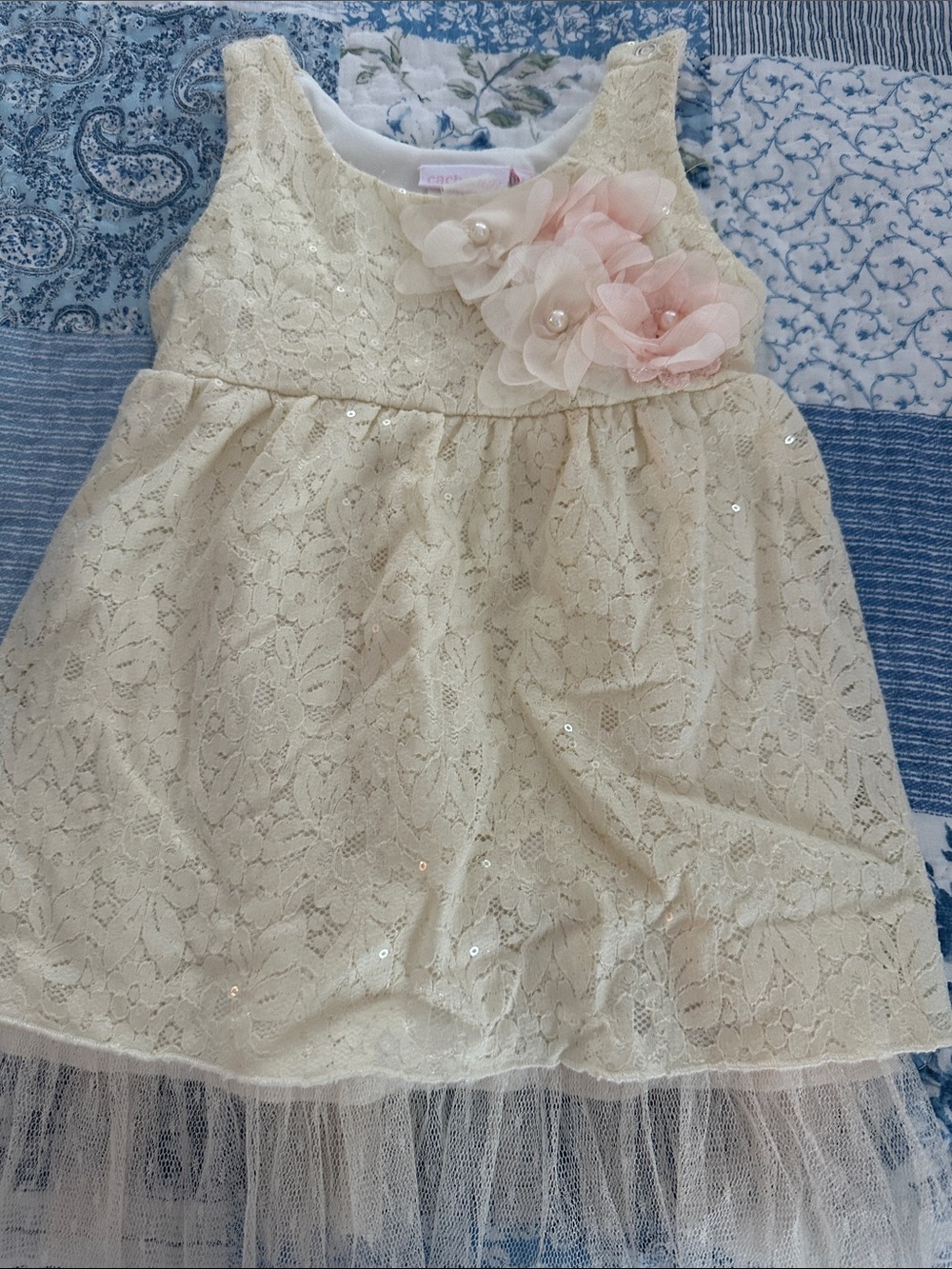 Cach cach Ivory Lace Party Dress with Pink Flower Accents